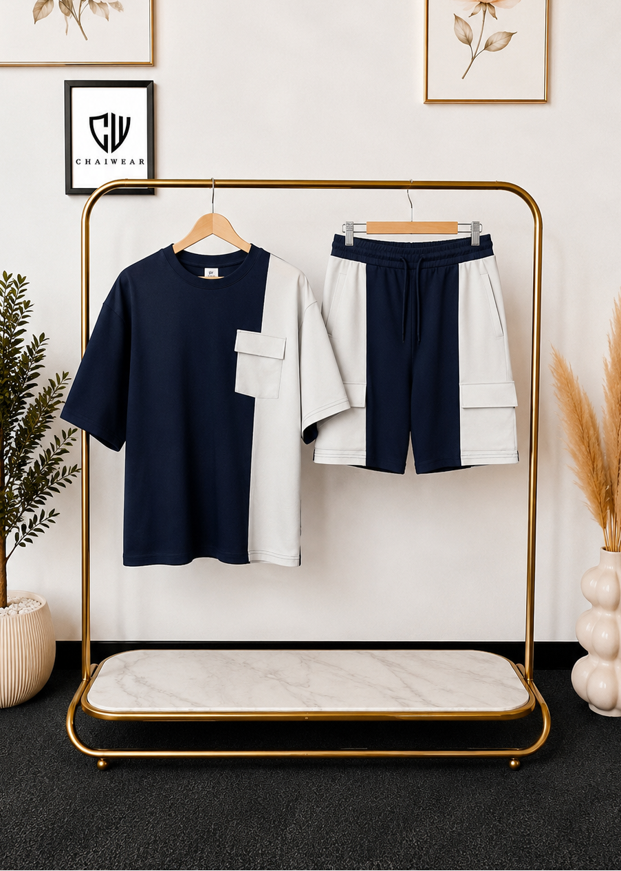 Ensemble Culotte et T-shirt oversize 2 couleurs avec poche en coton lourd 320g / m²