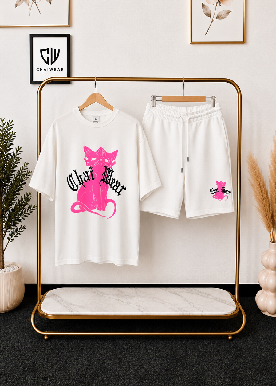 Ensemble Culotte et T-shirt oversize Chat et Broderie en coton lourd 320g / m²