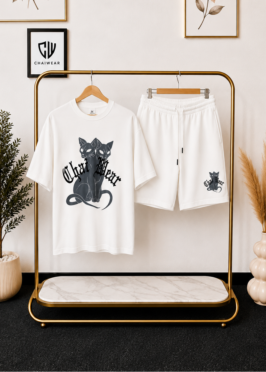 Ensemble Culotte et T-shirt oversize Chat et Broderie en coton lourd 320g / m²