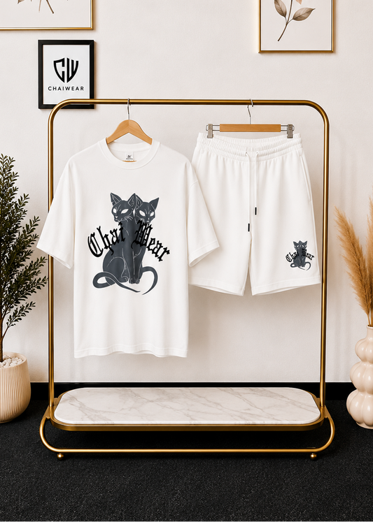 Ensemble Culotte et T-shirt oversize Chat et Broderie en coton lourd 320g / m²