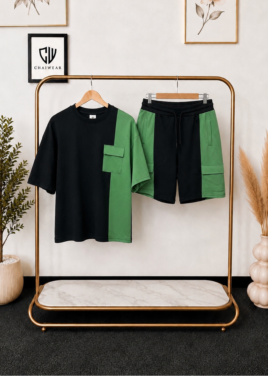 Ensemble Culotte et T-shirt oversize 2 couleurs avec poche en coton lourd 320g / m²