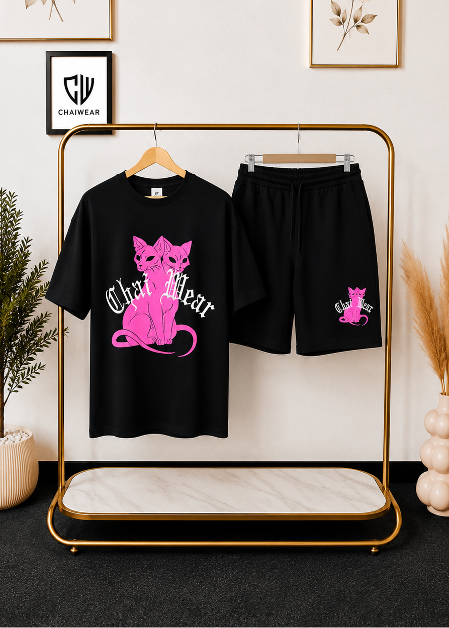 Ensemble Culotte et T-shirt oversize Chat et Broderie en coton lourd 320g / m²