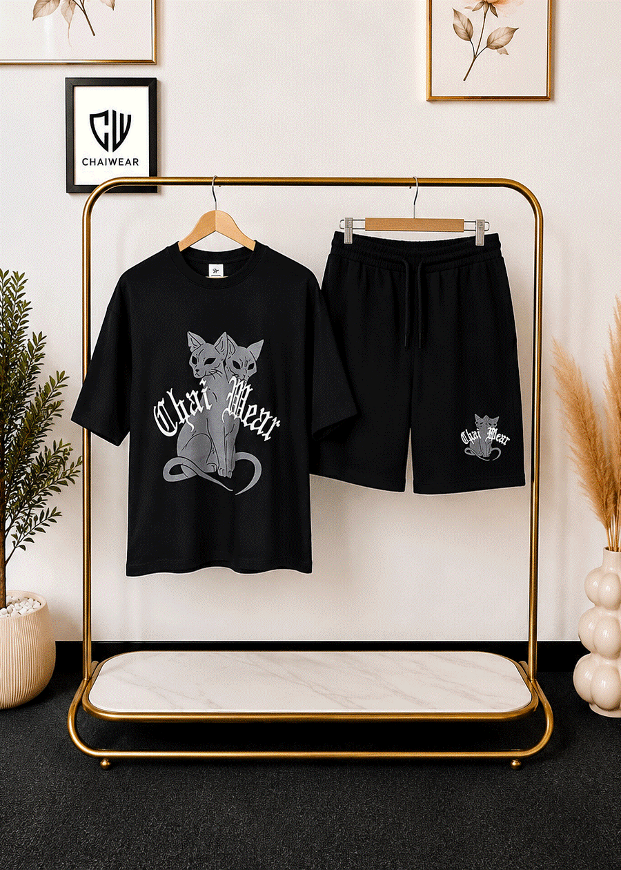 Ensemble Culotte et T-shirt oversize Chat et Broderie en coton lourd 320g / m²