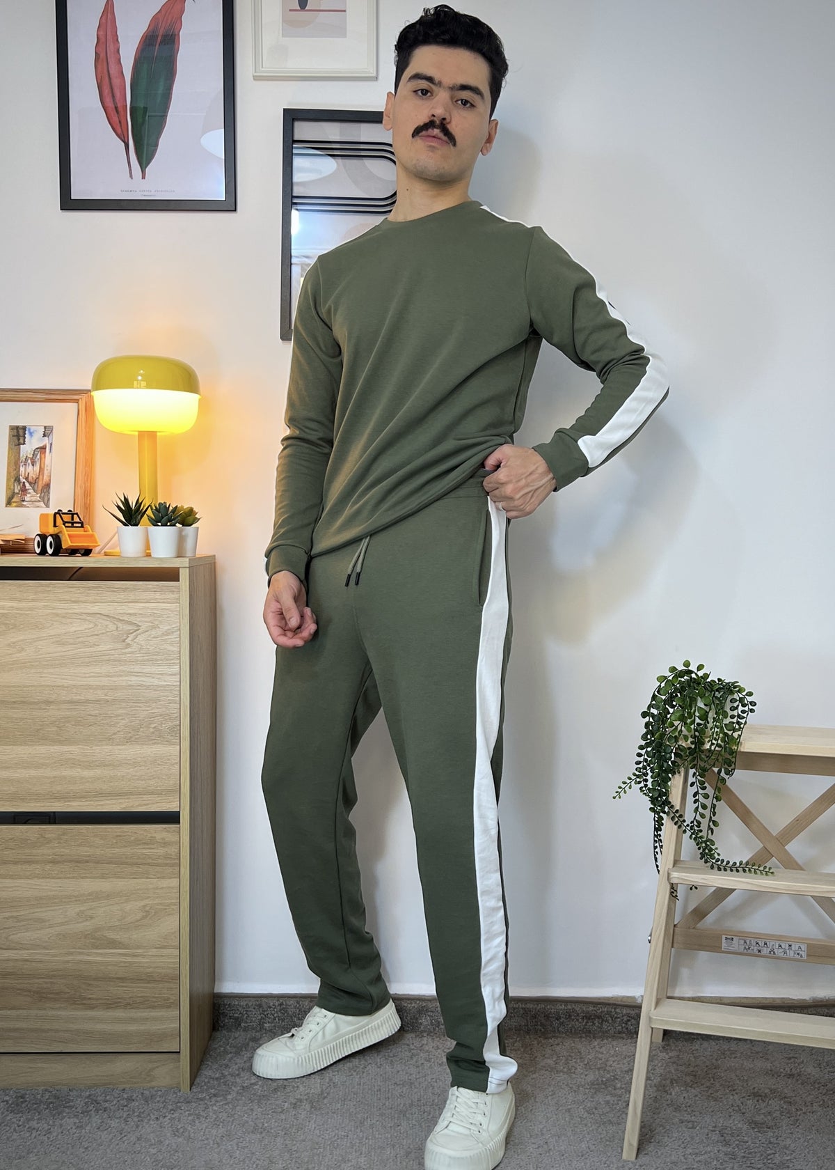 Pantalon et Sweat coupe droite avec bande blanche en coton lourd 320g / m²