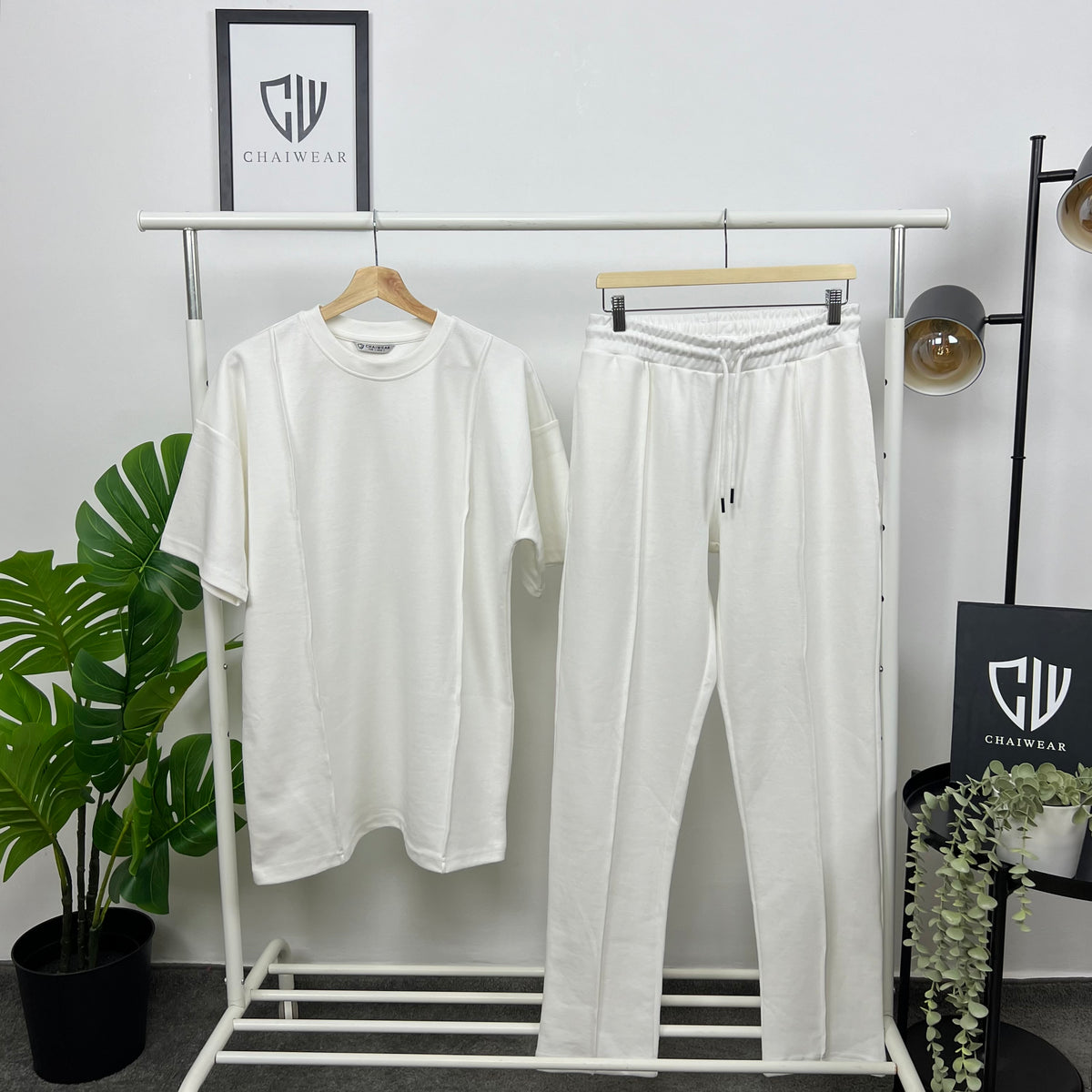 Pantalon et T-shirt avec pli Blanc cassé en coton lourd 320 GSM